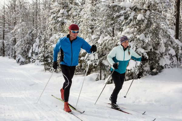 Mies ja nainen hiihtävät rinnakkain lumisessa metsässä.
