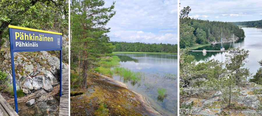 Kyltti, jossa lukee Pähkinäinen. Toisessa kuvassa rantaa ja merta, kolmannessa kuvassa kalliolta näkymä alas laiturille, jossa kiinnittyneinä yksi moottorivene ja kaksi purjevenettä.